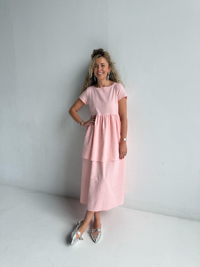 Pink Double Ruffle Linen Dress