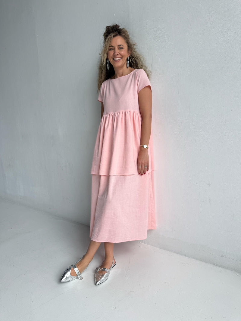 Pink Double Ruffle Linen Dress