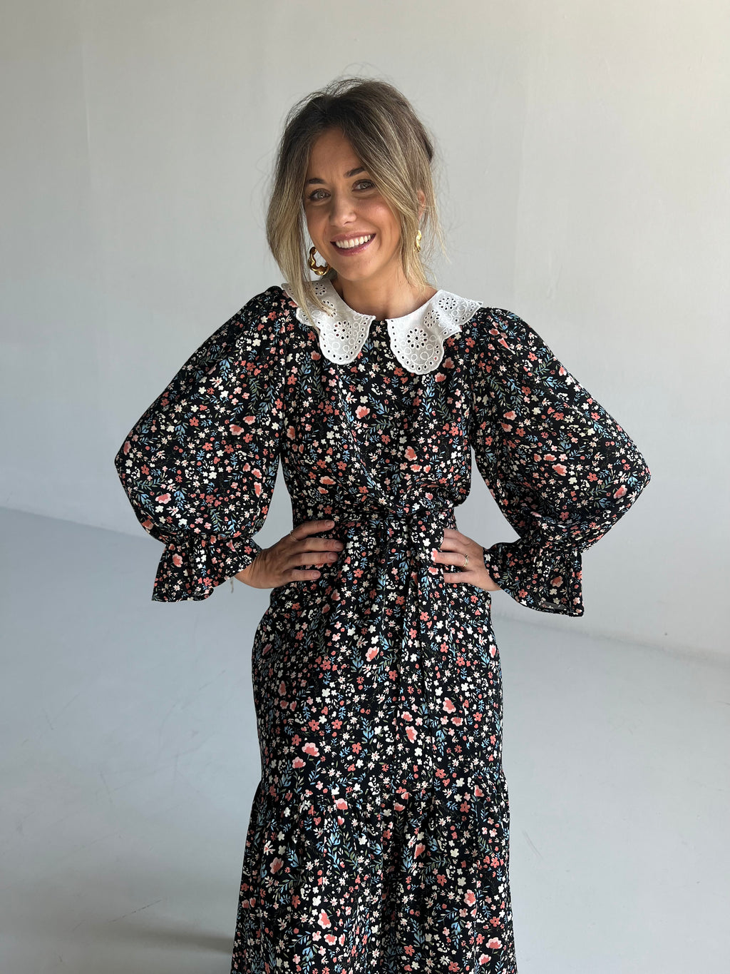 Collar Black Floral Midi Dress