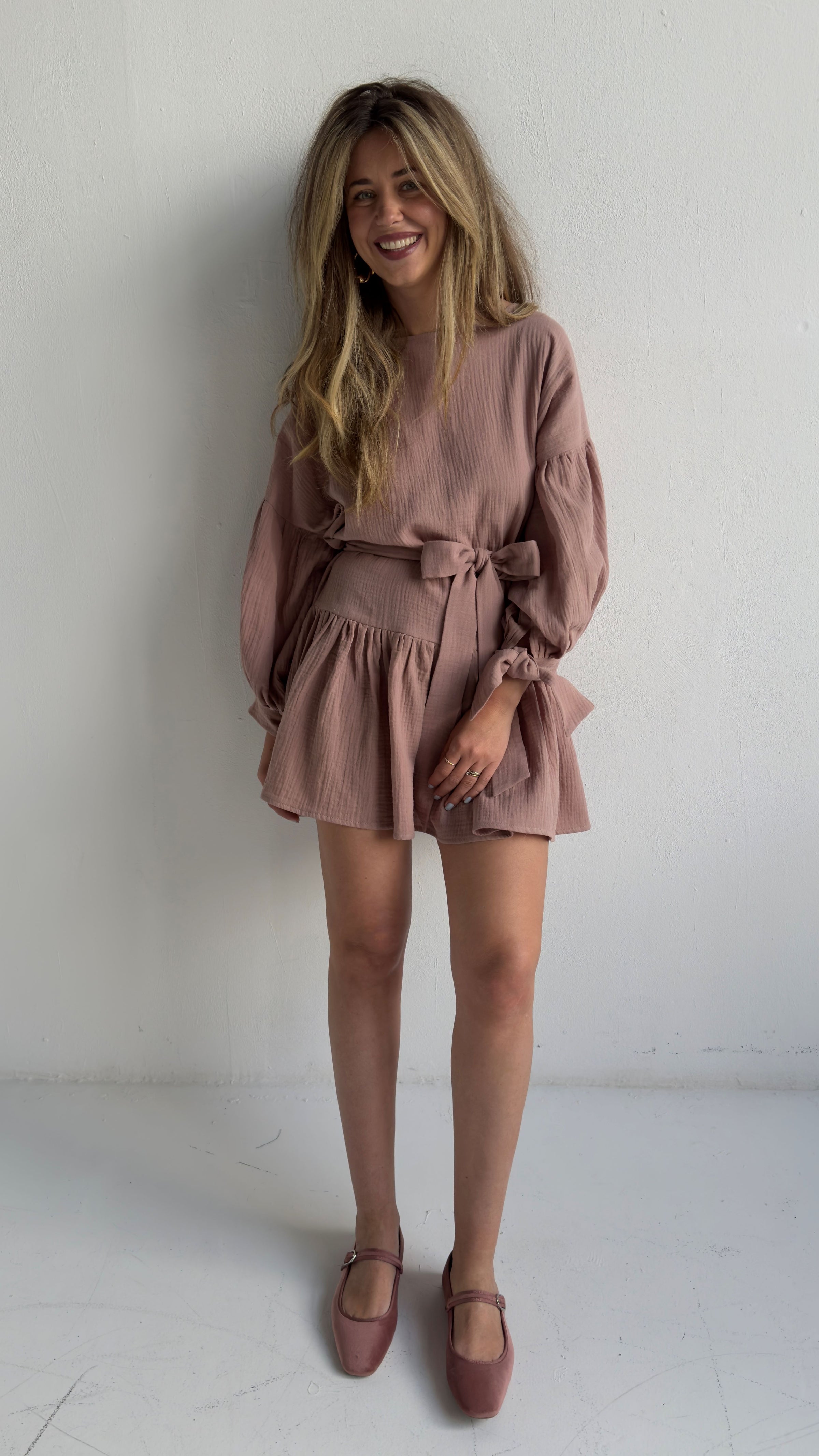 muslin mini dress Long-Sleeve Silk Muslin Draped Mini Dress Gray / FR 44