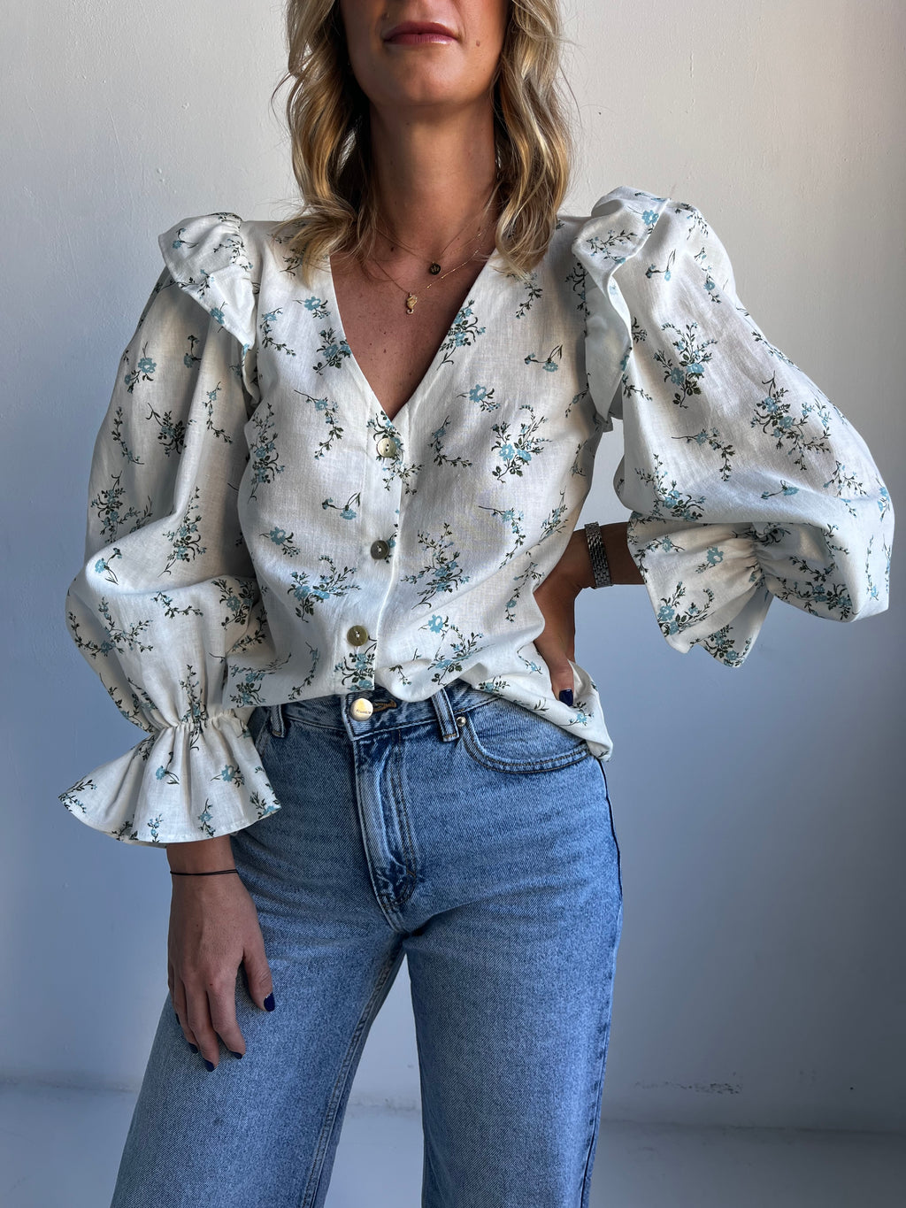 Floral Blue Linen Top