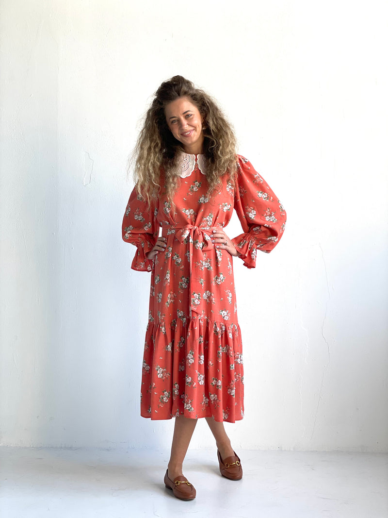 Red Floral Midi Colar Dress