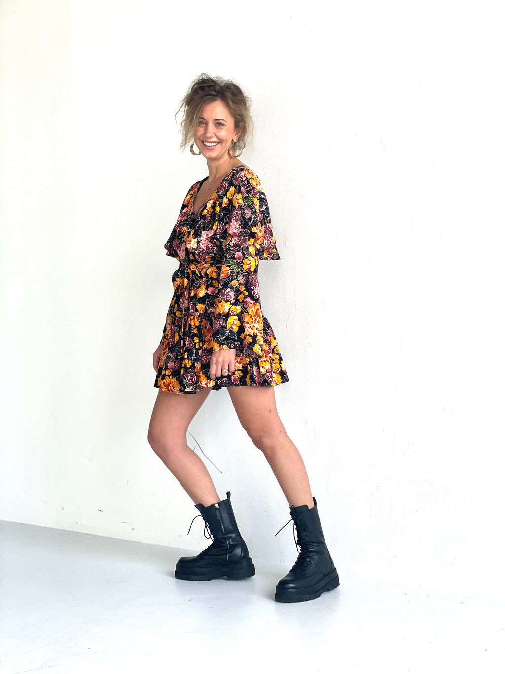 Autumn Floral Tie Waist Boho Dress